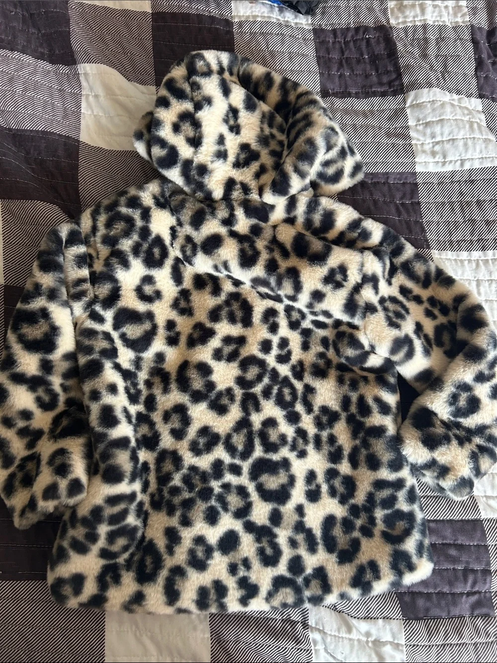 Old Navy Leopard Print Faux Fur Hooded Jacket - Beige and Black